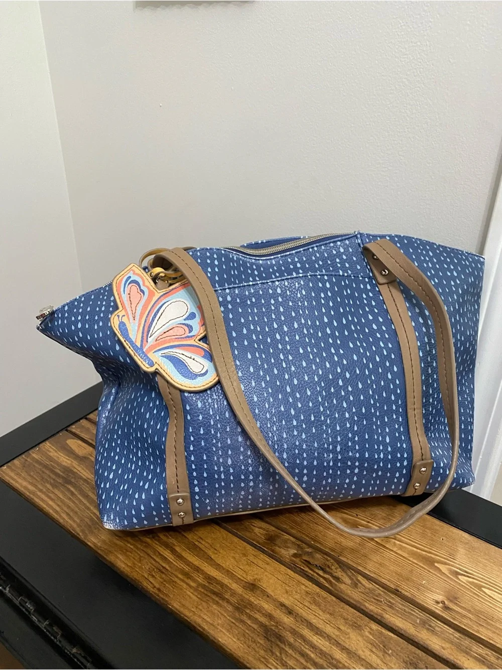Relic Blue Printed Tote Bag with Tan Straps